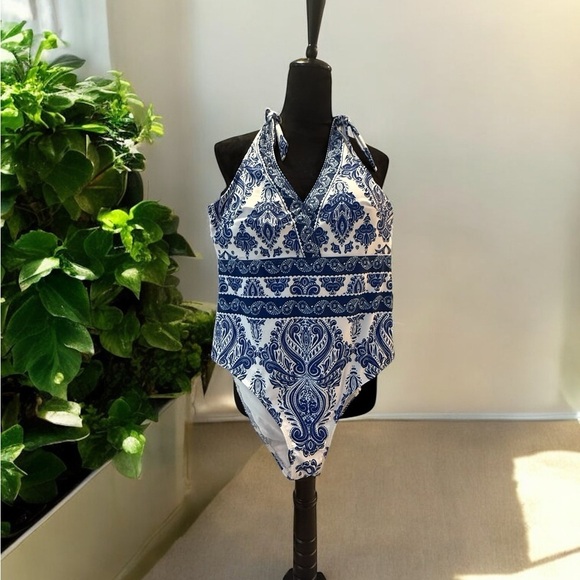 Blue and White Halter one piece swimsuit and skirt NEW - Picture 2 of 6